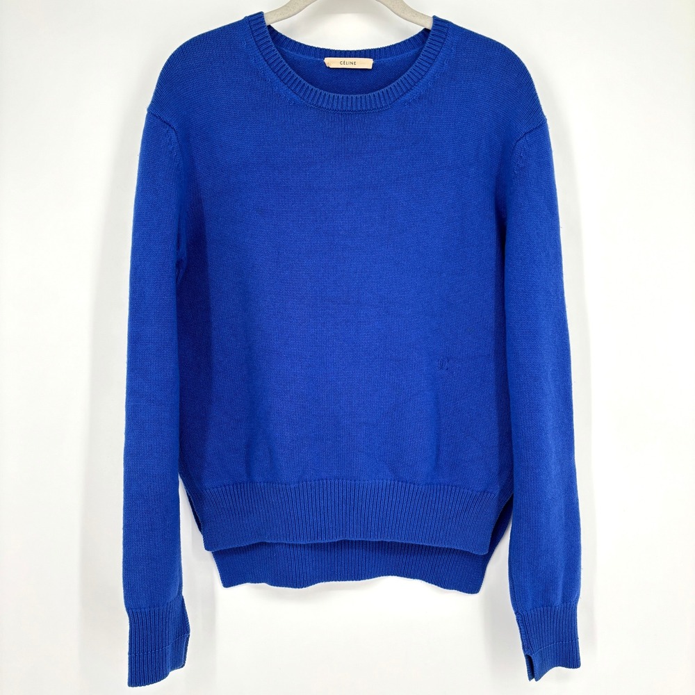 Celine Cashmere Crewneck Knit Sweater Blue Triomphe Logo Embroidered Pullover M - Picture 2 of 16